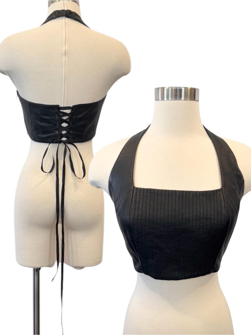 Y2K Express Genuine Leather Black Vintage Halter Corset Sexy Crop Top Biker Vest